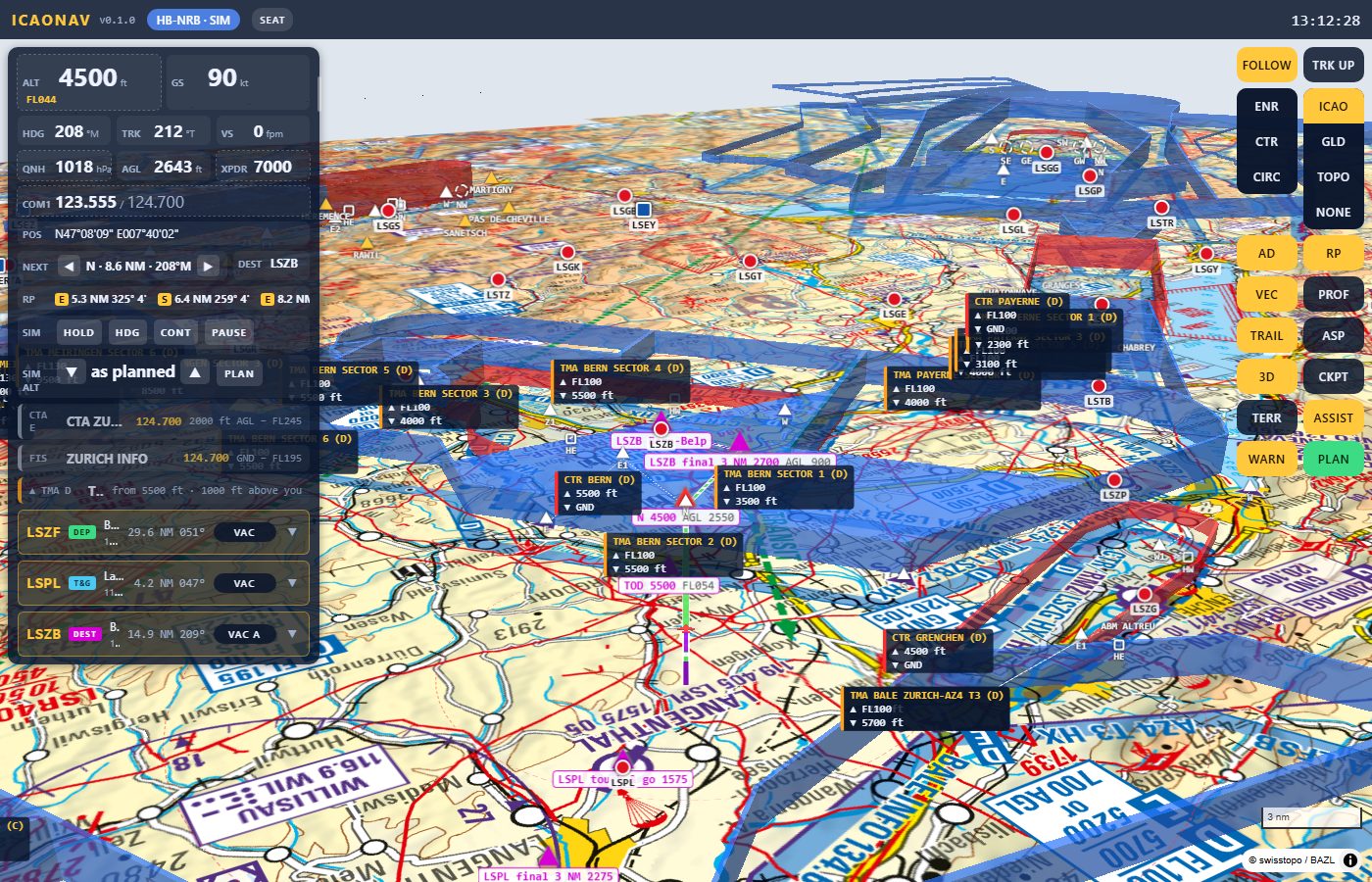 3D chase view behind the aircraft north of Bern with the ICAO chart and the airspace volumes of CTR Bern, TMA Bern, CTR Grenchen and TMA Payerne drawn as boxes with their floor and ceiling