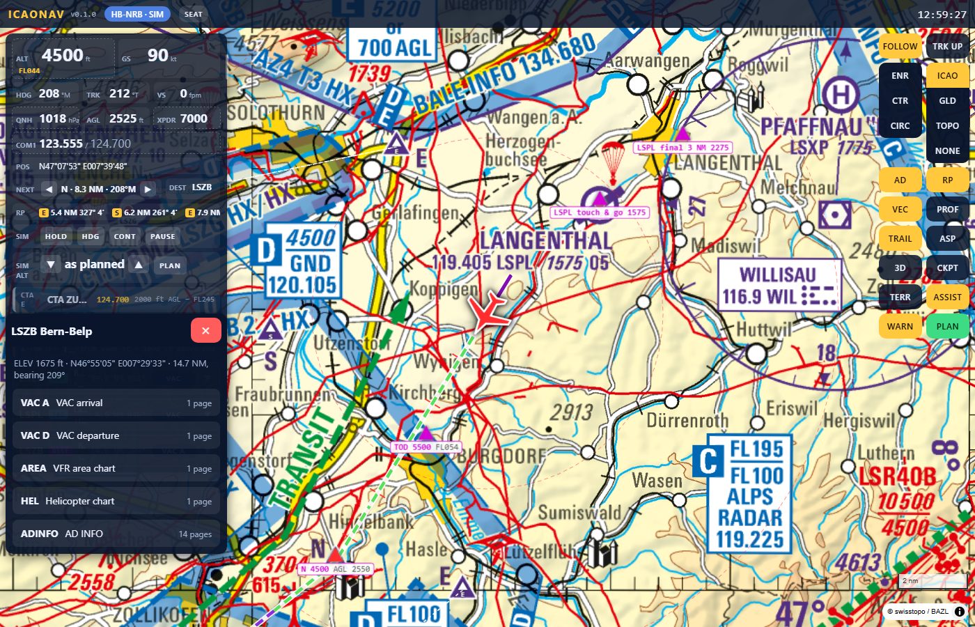 The aerodrome sheet of LSZB Bern-Belp under the instrument panel: elevation, position, distance and bearing, and the document list VAC A, VAC D, AREA, HEL, AD INFO