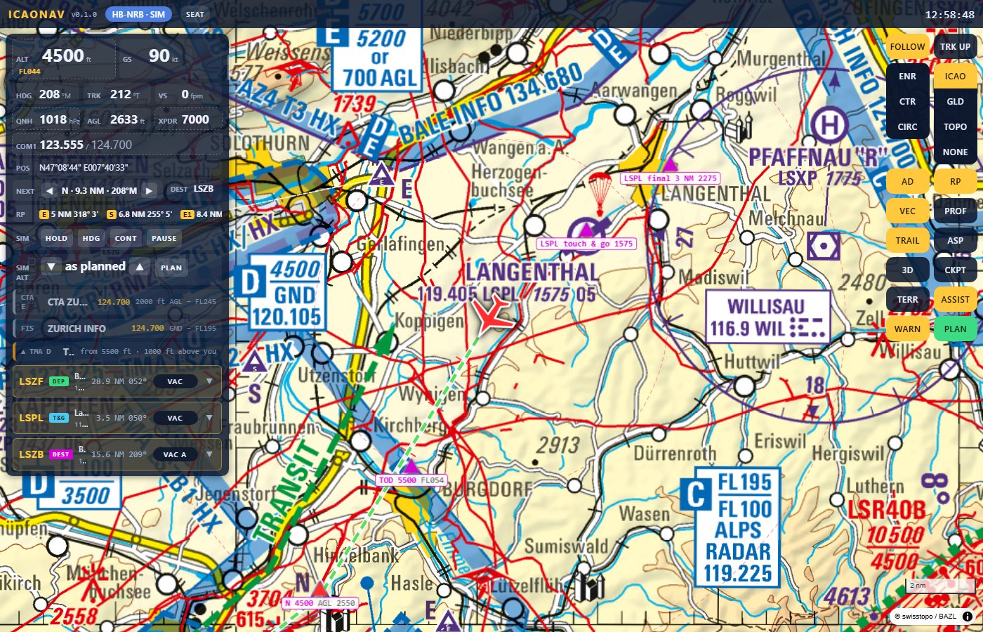 The ICAONAV pilot page: an aircraft symbol on the swisstopo ICAO chart near Langenthal, with the instrument panel, the airspace rows and the aerodrome rows on the left