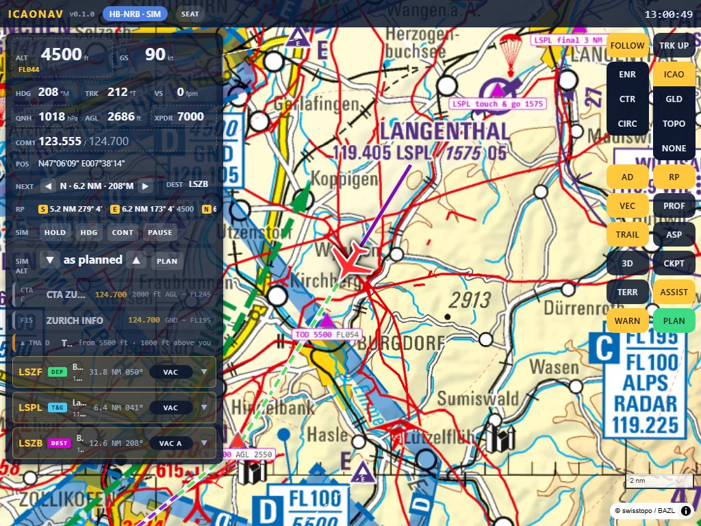 The pilot page at iPad landscape size: ICAO chart, instrument panel and the map controls