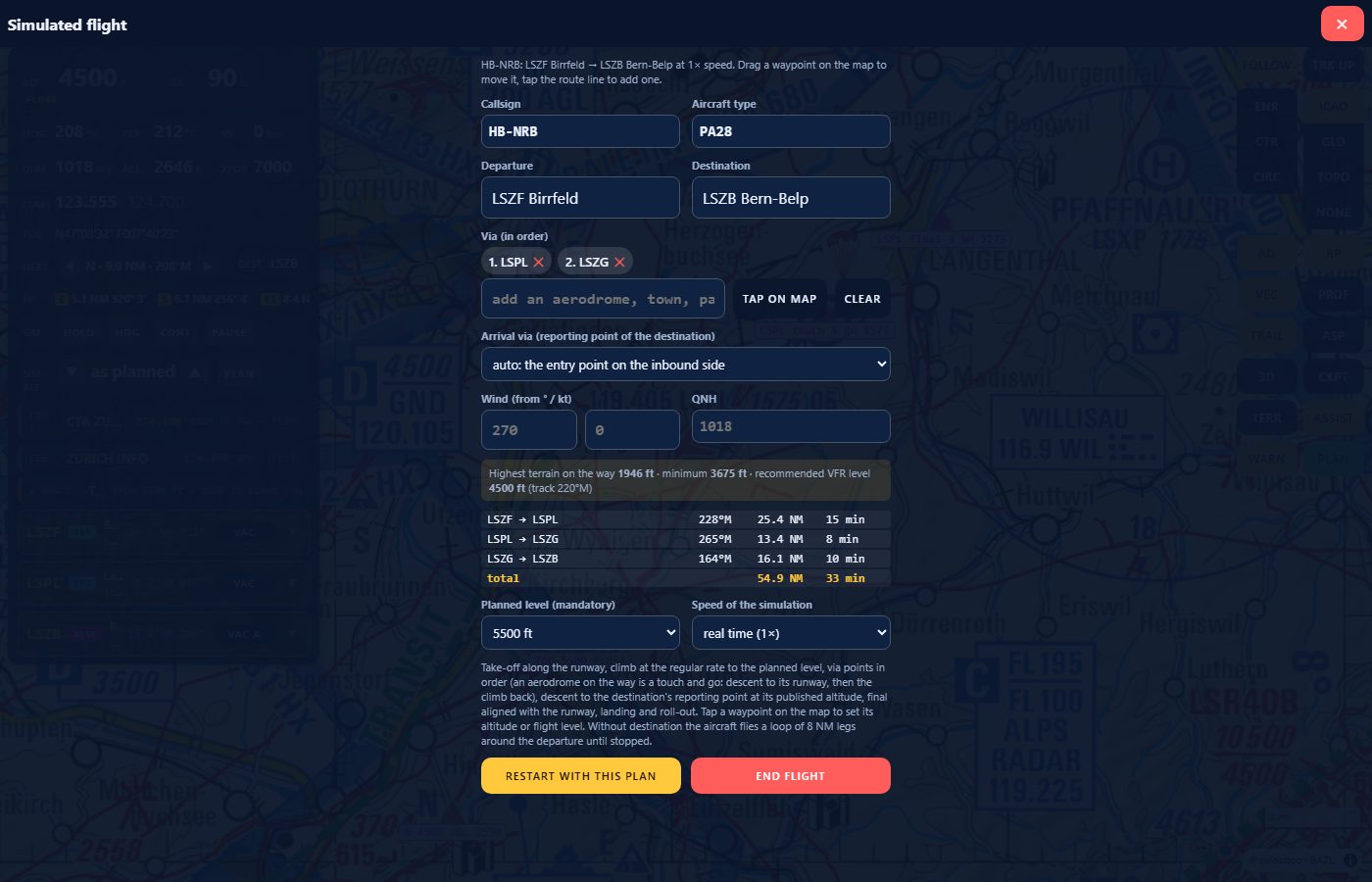 The plan sheet of a simulated flight: departure, destination, via points, wind, QNH, the leg table and the planned level