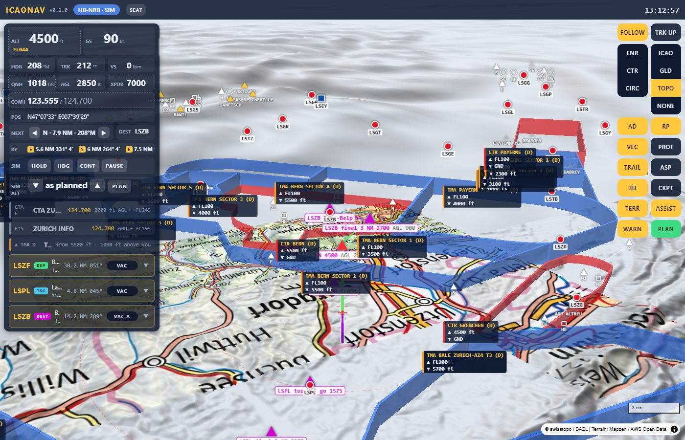 TERR view: the swisstopo map draped over the 3D relief with the airspace volumes above it